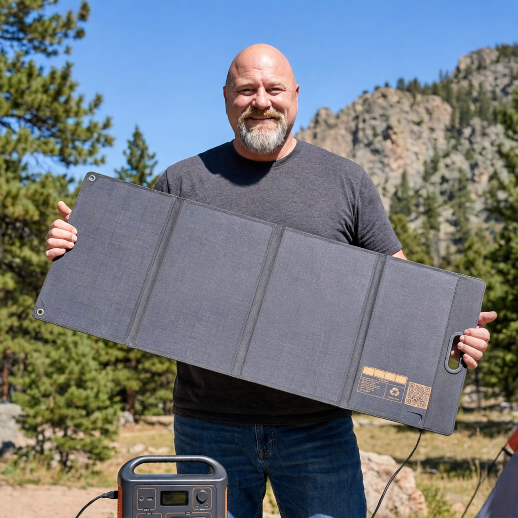 Teddy Daniels holding a solar panel